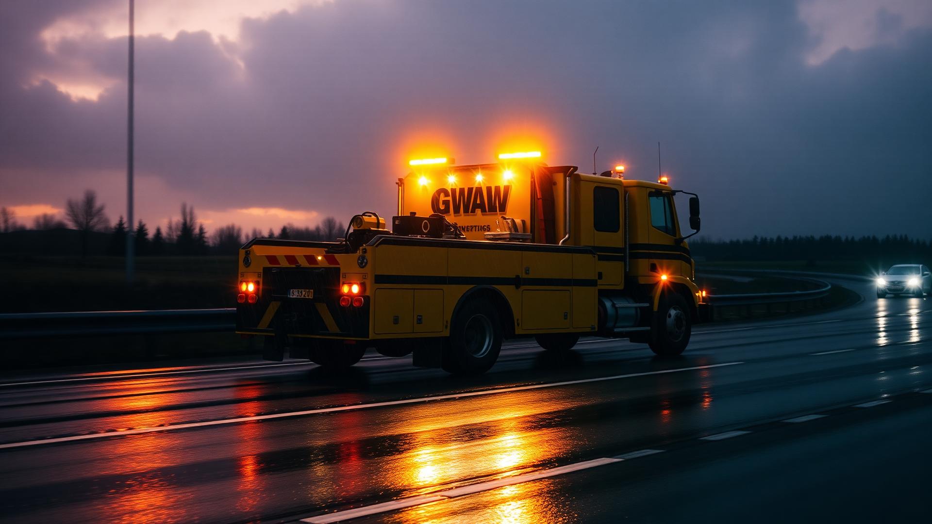 Gul bärgningsbil i regnet vid skymning